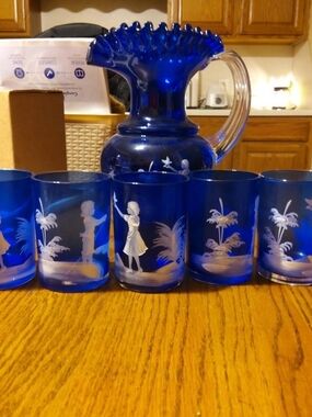 Cobalt Blue Etched Glass Pitcher and Tumbler Set
